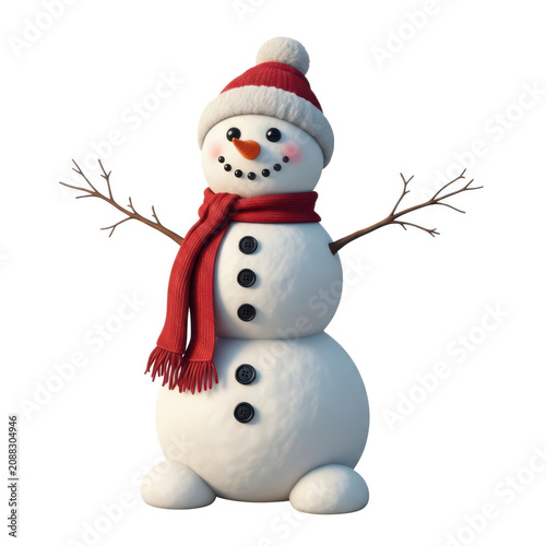Cheerful snowman with arms and holiday accessories waving
