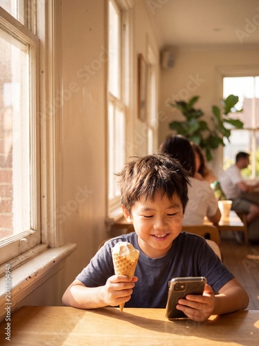 Asian boy holding ice cream cone while looking at smartphone screen sitting at table in cafe interior