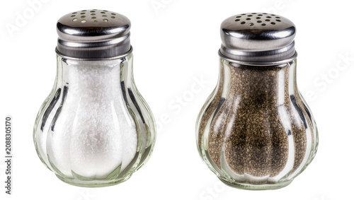 Fotografie Glass salt and pepper shakers with metal tops, isolated on transparent backgroun