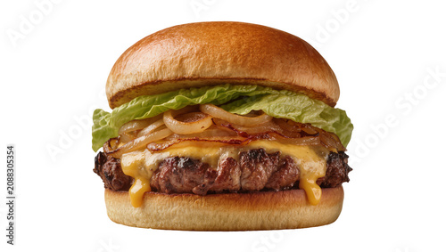 Foto Juicy beef burger with melted cheese caramelized onions and lettuce, isolated on