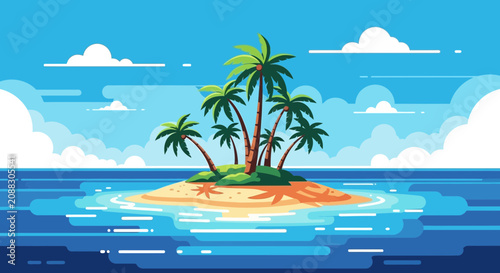 Single tropical palm tree standing on a sandy beach with clear blue sky.