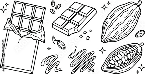 Konstfotografi Chocolate bar vector doodle element set featuring sweet cocoa pod beans candy wr