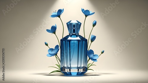 Blue glass perfume bottle arranged with delicate blue flowers on a neutral background