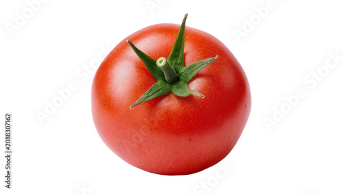 Foto Ripe red tomato with green stem and leaves, isolated on transparent background