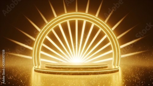 Golden pedestal stage with glowing arch and rays of light for product display, pedestal