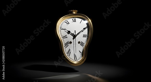 Surreal melting golden clock face isolated on black background symbolizing passing time