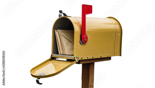 Foto Yellow metal mailbox with red flag full of brown envelopes, isolated on transpar