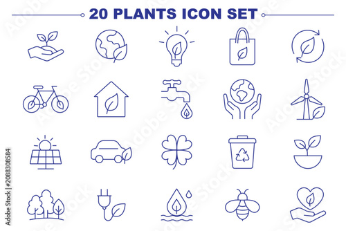 Tableau sur toile Eco gardening and plant growth outline icon set featuring leaves sustainability