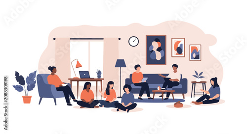 A group of diverse people gather in a modern, cozy living room for a meeting or social assembly in a minimalist flat vector illustration.