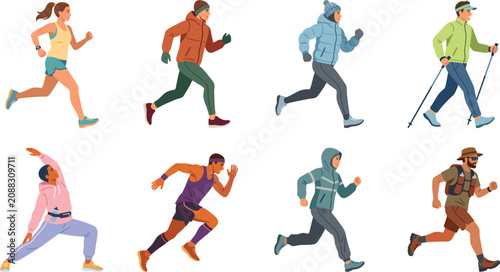 Active Running and Outdoor Fitness People Collection Flat Vector Illustration Set
