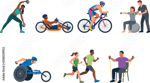Bild auf Leinwand Adaptive Sports and Rehabilitation Fitness People Collection Flat Vector Illustr