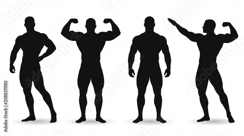 A minimal vector graphic showcasing a row of four black silhouettes of muscular male bodybuilders striking different athletic poses with soft shadows on a solid white background.