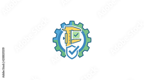 Quality Control Icon: Caliper, Gear, Shield with Checkmarks - Precision and Safety