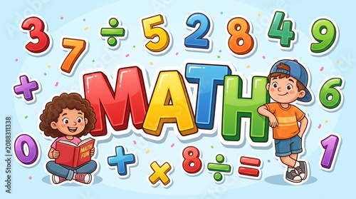 A cheerful cartoon banner featuring the bold word MATH surrounded by two happy children, a girl reading a book and a boy leaning on the text, amidst colorful numbers and mathematical symbols.