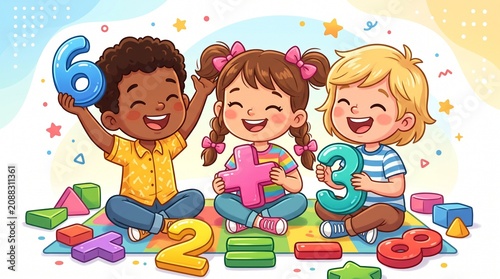 A lively cartoon illustration showing a diverse group of three happy children sitting on a colorful play mat, joyfully interacting with large, vibrant numbers and basic math symbol blocks.