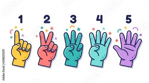A clean vector infographic showing five colorful cartoon hands in a row counting from one to five with fingers, accompanied by numbers and playful geometric confetti on a white background.