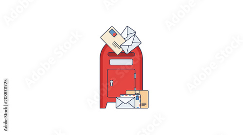 Red Mailbox Filled with Letters and Envelopes, Postal Service Concept