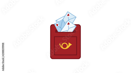 Red Mailbox Overflowing with Love Letters with Hearts, Postal Service Icon