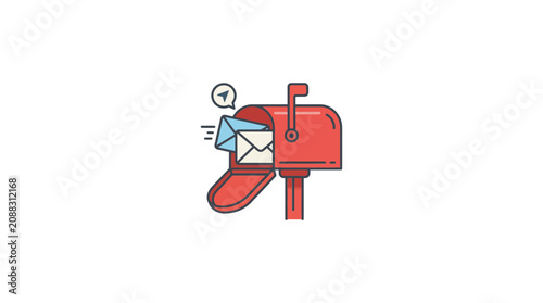 Red Mailbox with Incoming Mail and Sending Icon, Communication Concept