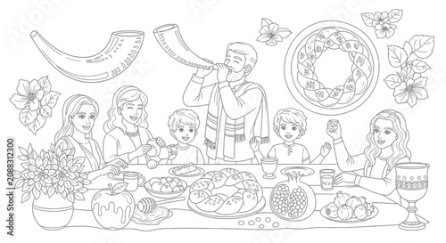 Cuadro en lienzo Jewish Family Celebrating Rosh Hashanah Coloring Page