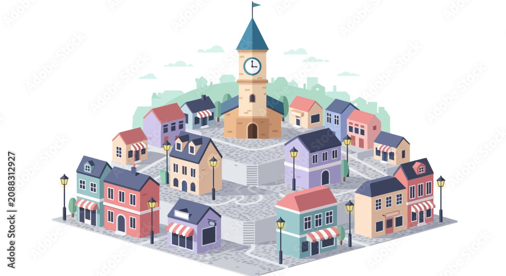 Naklejka premium Colorful European village with traditional houses and church steeple.