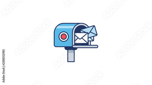 Retro Blue Mailbox with Letters, Communication Icon, Postal Service