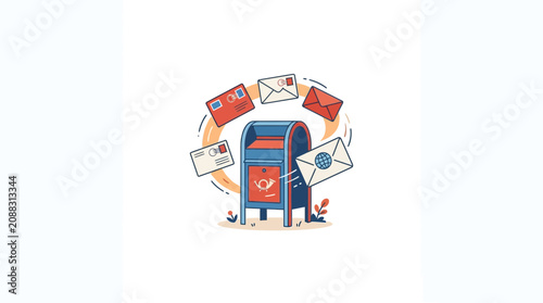 Retro Mailbox with Flying Letters, Postal Communication Concept