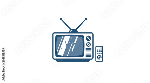 Retro Television and Remote Control Icon, Vintage TV Set with Antenna and Clicker