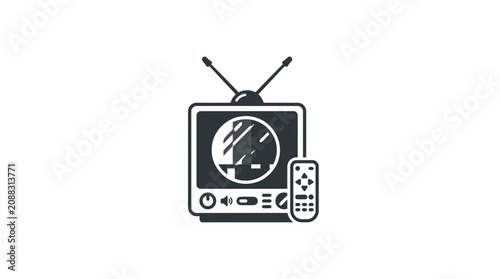 Retro Television and Remote Control Icon, Vintage TV Set with Antenna