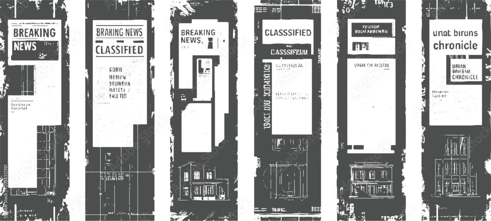 Obraz premium Six vertical newspaper pages with breaking news and classified ads in grayscale
