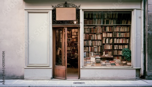 Old bookstore storefront with overflowing shelves and a lone reader