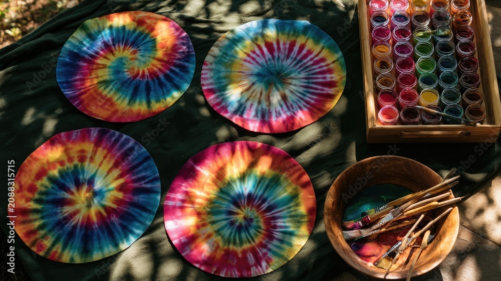 Fototapeta premium Colorful tie-dye creations and art supplies laid out for crafting