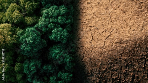 Lush green forest abruptly transitions to parched, cracked earth