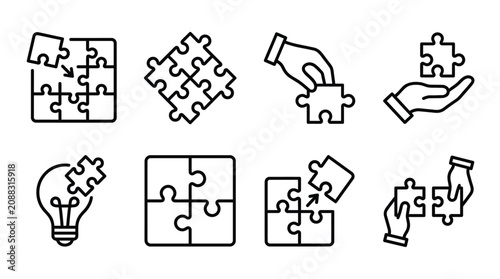 Photos Black line icons of puzzle pieces and hands solving problems for business and te