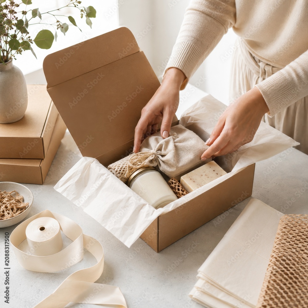 Fototapeta premium Hands arranging natural products in a kraft gift box