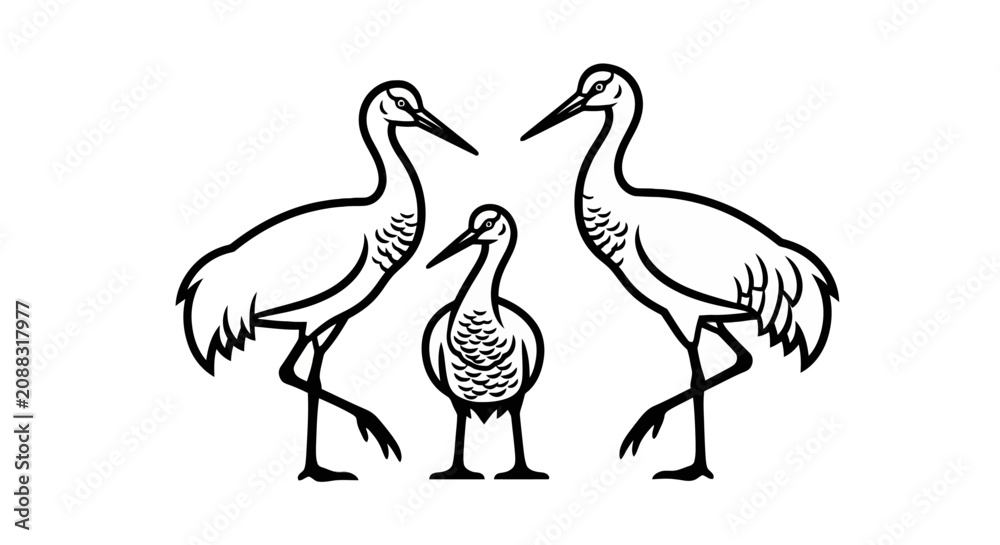 Fototapeta premium Minimalist Line Art Illustration of Two Adult Cranes and a Chick