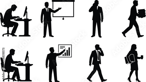 Business people silhouettes set featuring office work presentation corporate communication and executive workflow actions