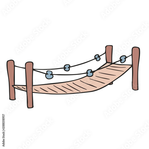 A simple hand-drawn cartoon style illustration of a small wooden suspension bridge.