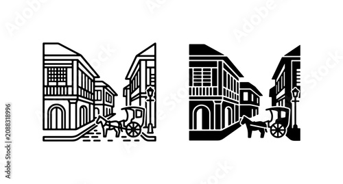 Obraz na plátně Vintage Street Scene, Horse-Drawn Carriage, Colonial Architecture Vector Set