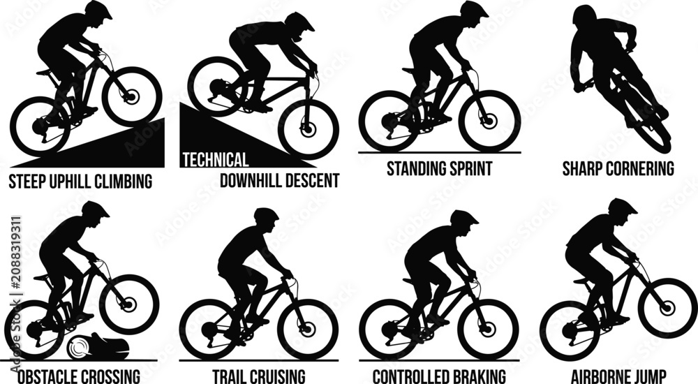 Fototapeta premium Mountain biking and extreme cycling technique silhouette set featuring uphill climbing, downhill descent, cornering, and jump poses
