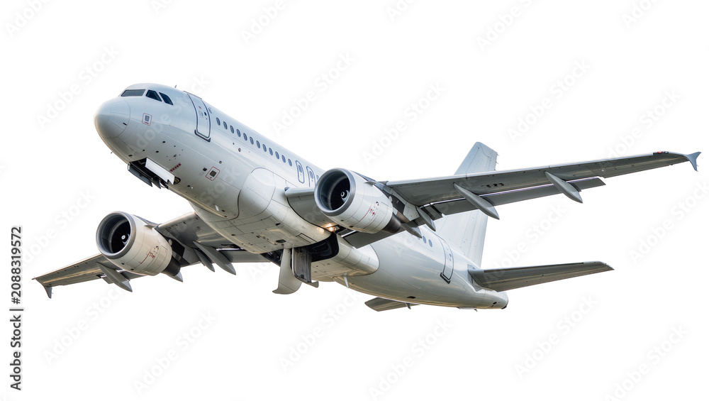 Fototapeta premium White passenger jet airplane with twin engines, isolated on transparent background