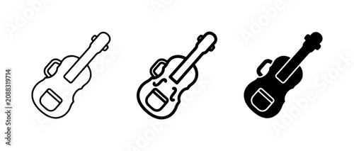 Photography Guitar Icons Set: Outline, Detailed, Solid Black Vector Graphics