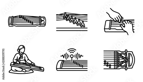 Konstfotografi Guzheng Musical Instrument Icons, Asian Stringed Zither Vector Set
