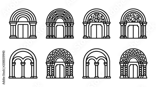 Fotografía Romanesque Arches, Medieval Doorways, Architectural Elements, Vector Set