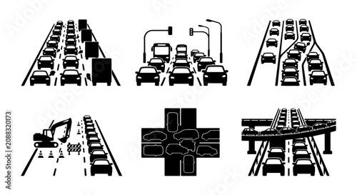 Obraz na plátně Traffic Jam Vector Icons: Congestion, Commute, Roadwork, Highway Scenes