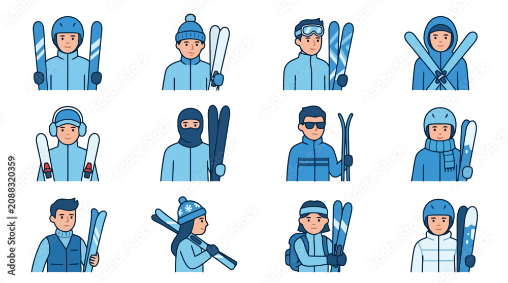 Fototapeta premium Minimalist Illustrations of Skiers in Various Winter Gear and Attire Holding Skis Flat Design Style