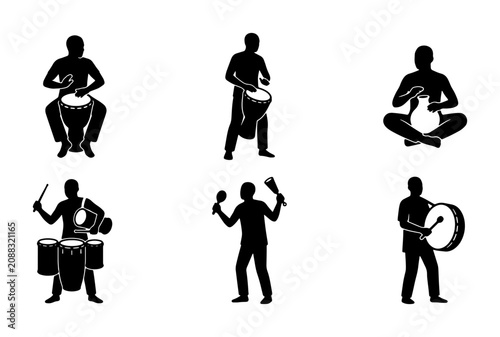 Quadro su tela African Drummer Silhouettes, Percussionists Playing Djembe, Congas, Maracas, Vec