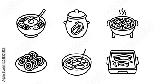 Fotografía Korean Food Icons: Bibimbap, Kimchi Jar, BBQ Grill, Tteokbokki, Pork Belly