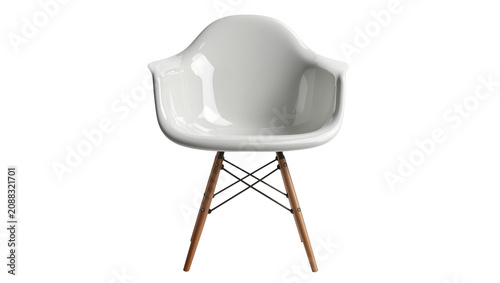 Photos Modern white molded plastic armchair with wooden dowel legs, isolated on transpa