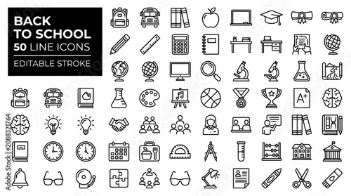 Comprehensive Collection of Fifty Professional Education Vector Icons Featuring School Supplies Academic Learning Tools Classroom Stationery and Student Study Equipment Isolated on White Background